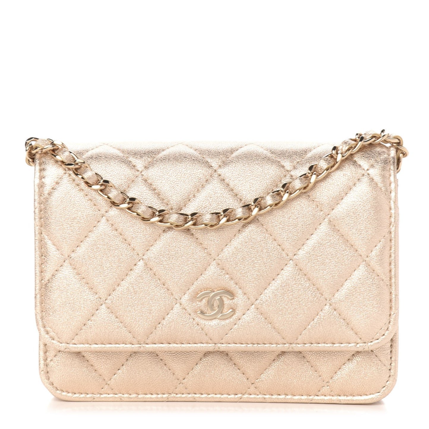 Metallic Lambskin Quilted Mini Wallet On Chain WOC Gold