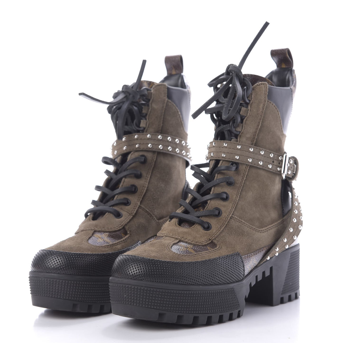 Suede Calfskin Monogram Laureate Platform Desert Boots 36.5 Kaki