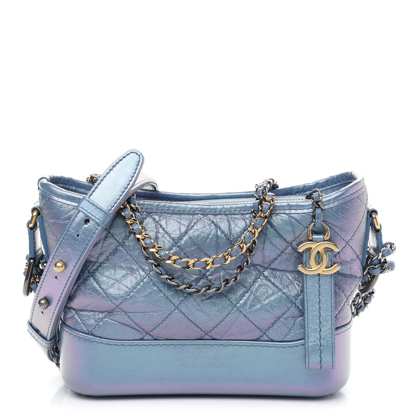 Iridescent Aged Calfskin Quilted Small Gabrielle Hobo Blue