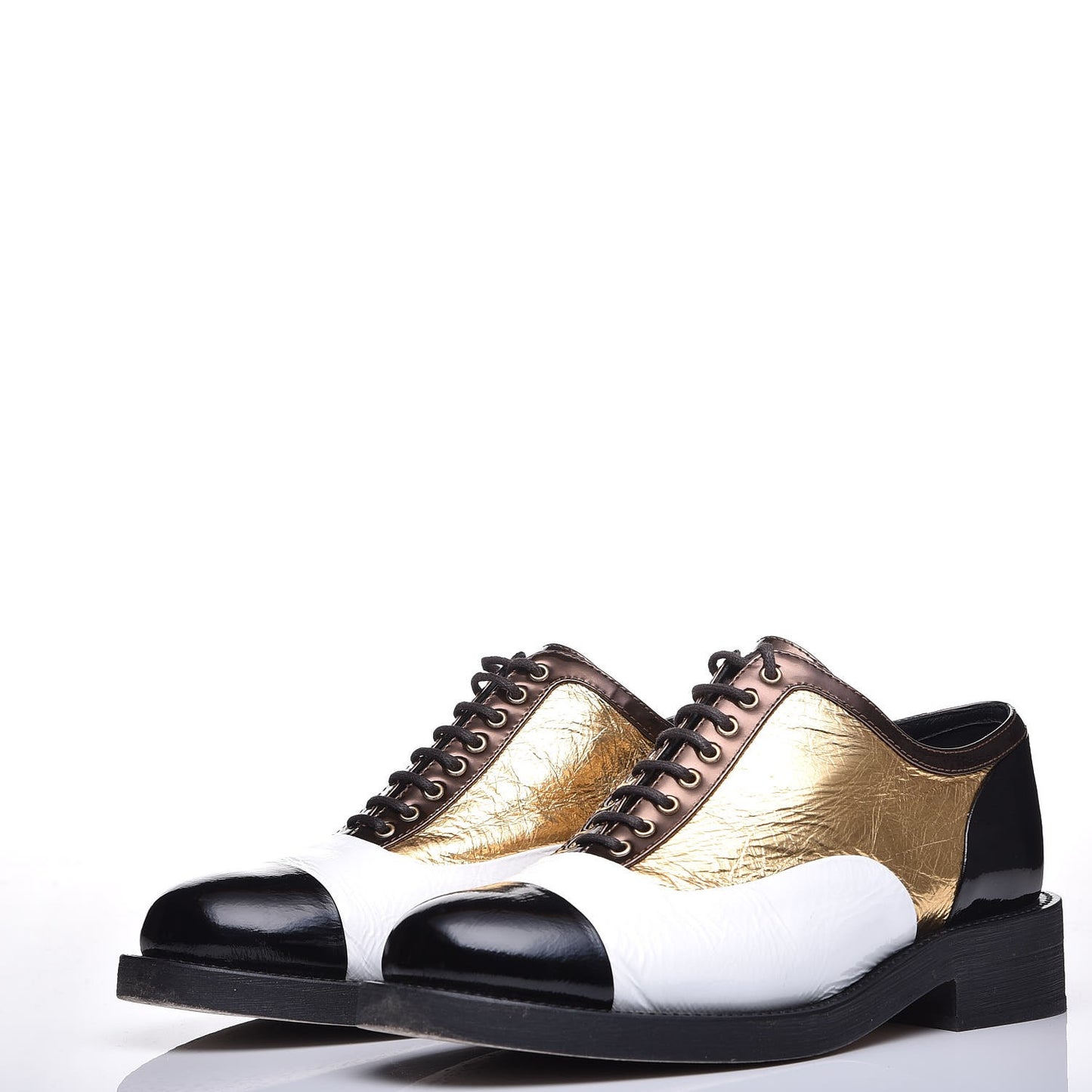 Crumpled Lambskin Patent CC Lace Up Oxfords 38 White Gold Black