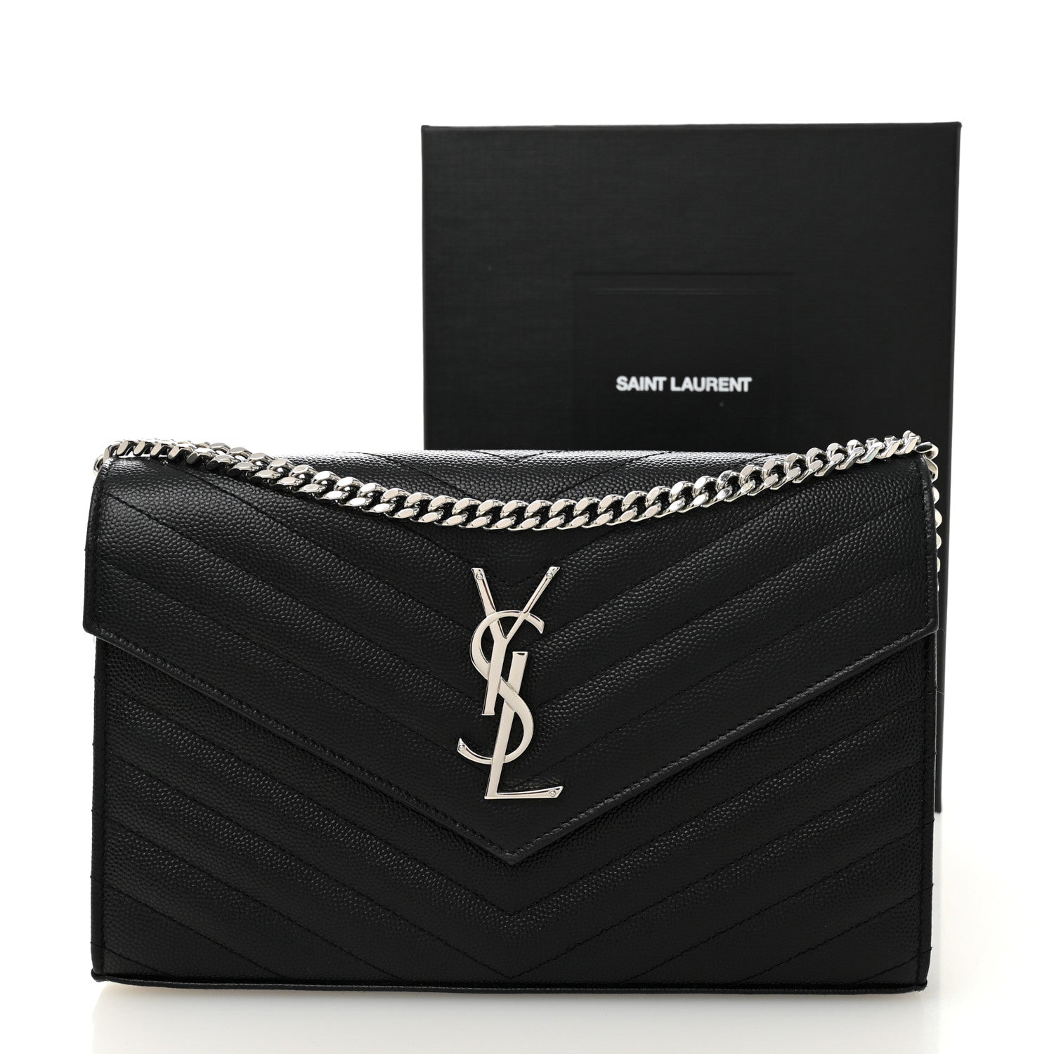 Saint Laurent Grain De Poudre Matelasse Chevron Monogram Chain Wallet Black 10 of 10