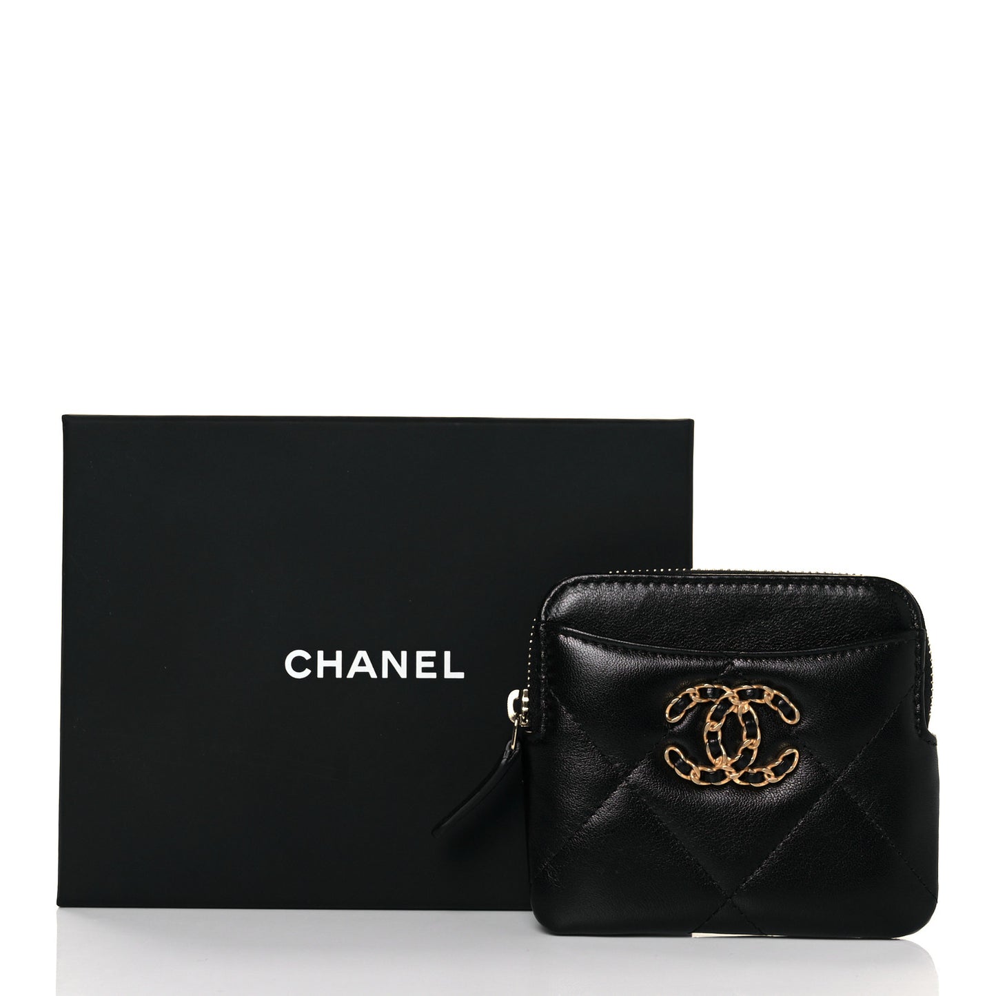 Lambskin Quilted Chanel 19 Zip Card Holder Wallet Black