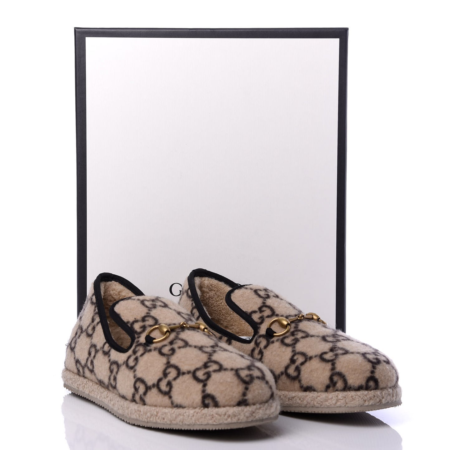 Covered Wool GG Monogram Mens Fria Horsebit Loafers 8.5 Beige Ebony Black Butterscotch