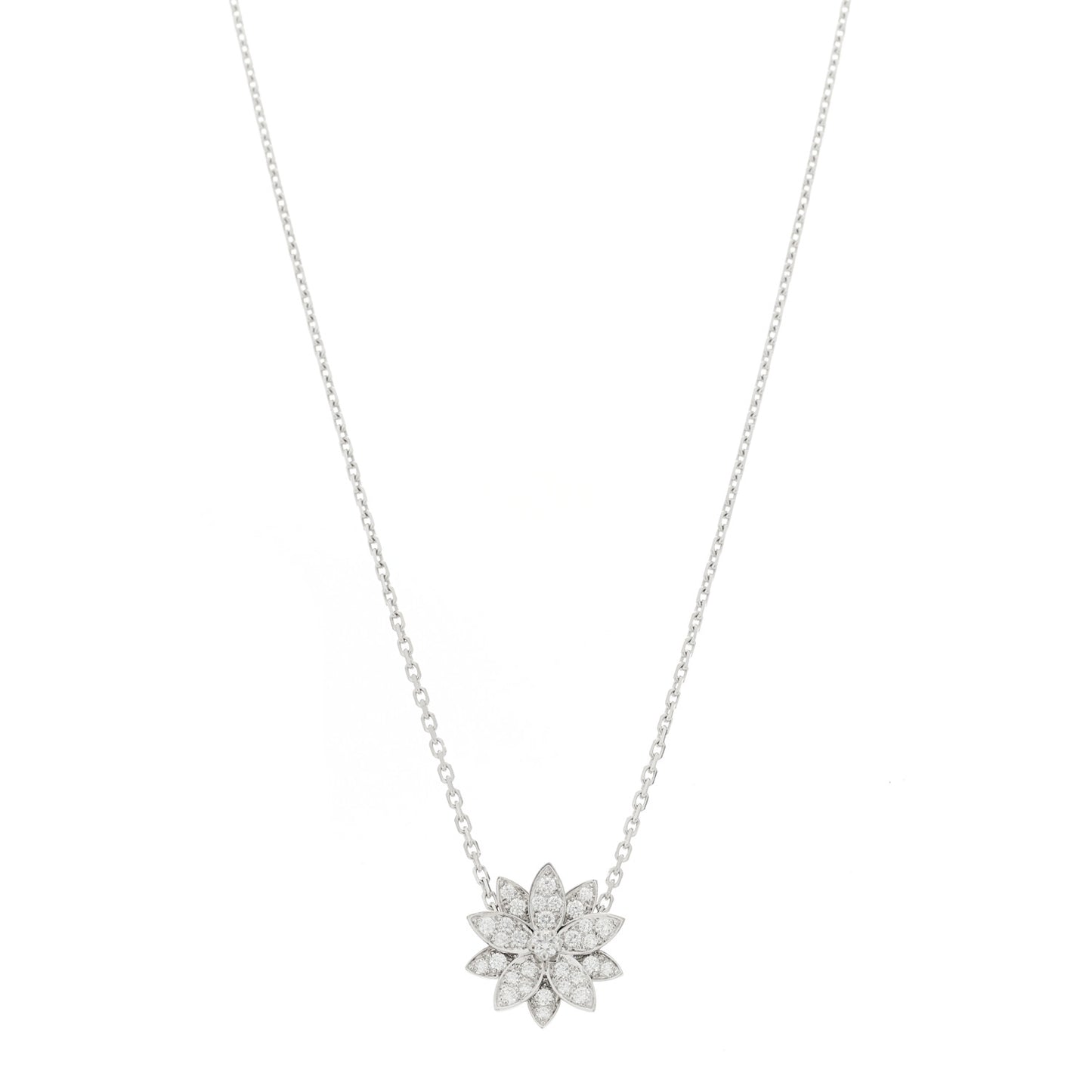 18K White Gold Diamond Small Lotus Pendant Necklace