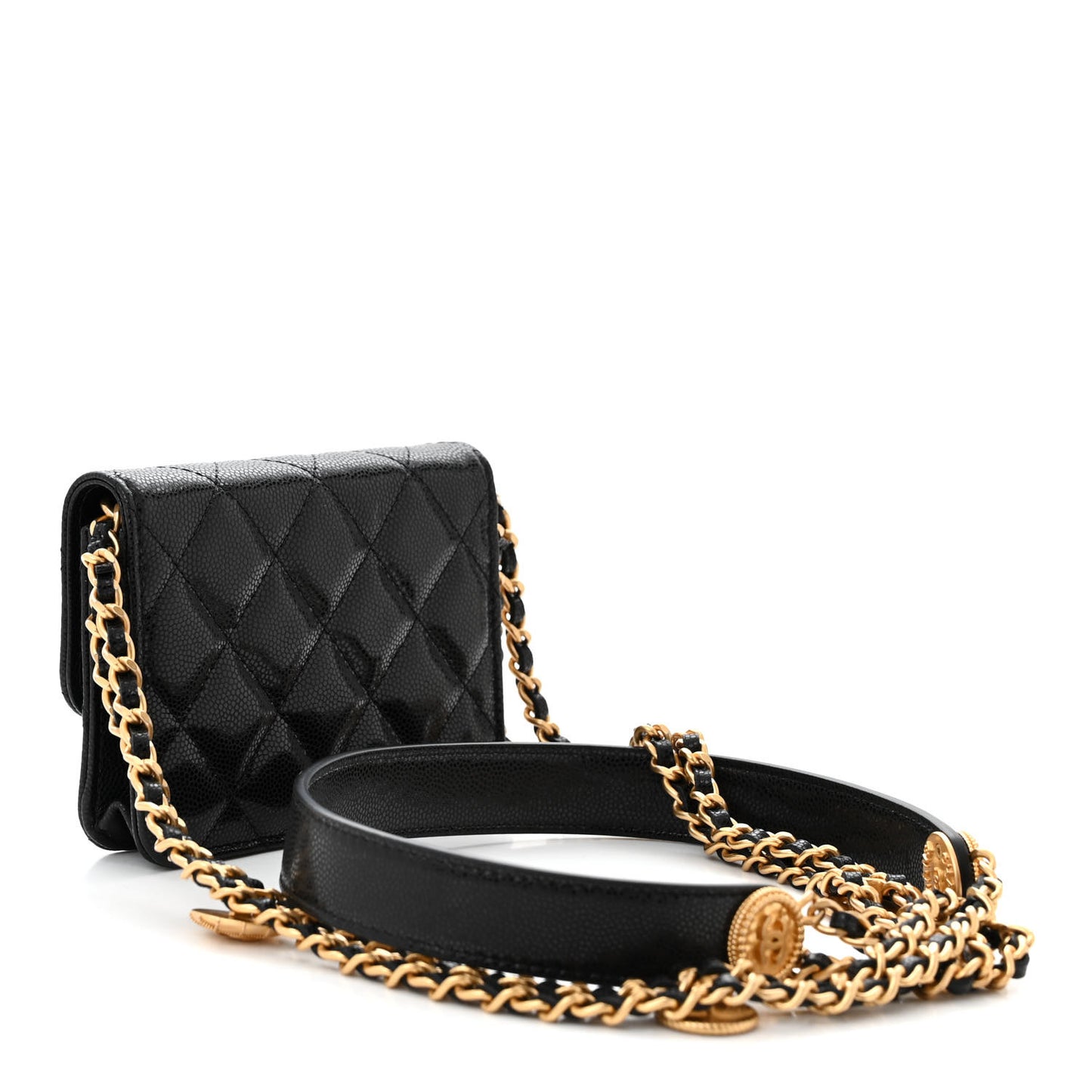 Caviar Quilted Twist Your Buttons Coin Purse With Chain Black