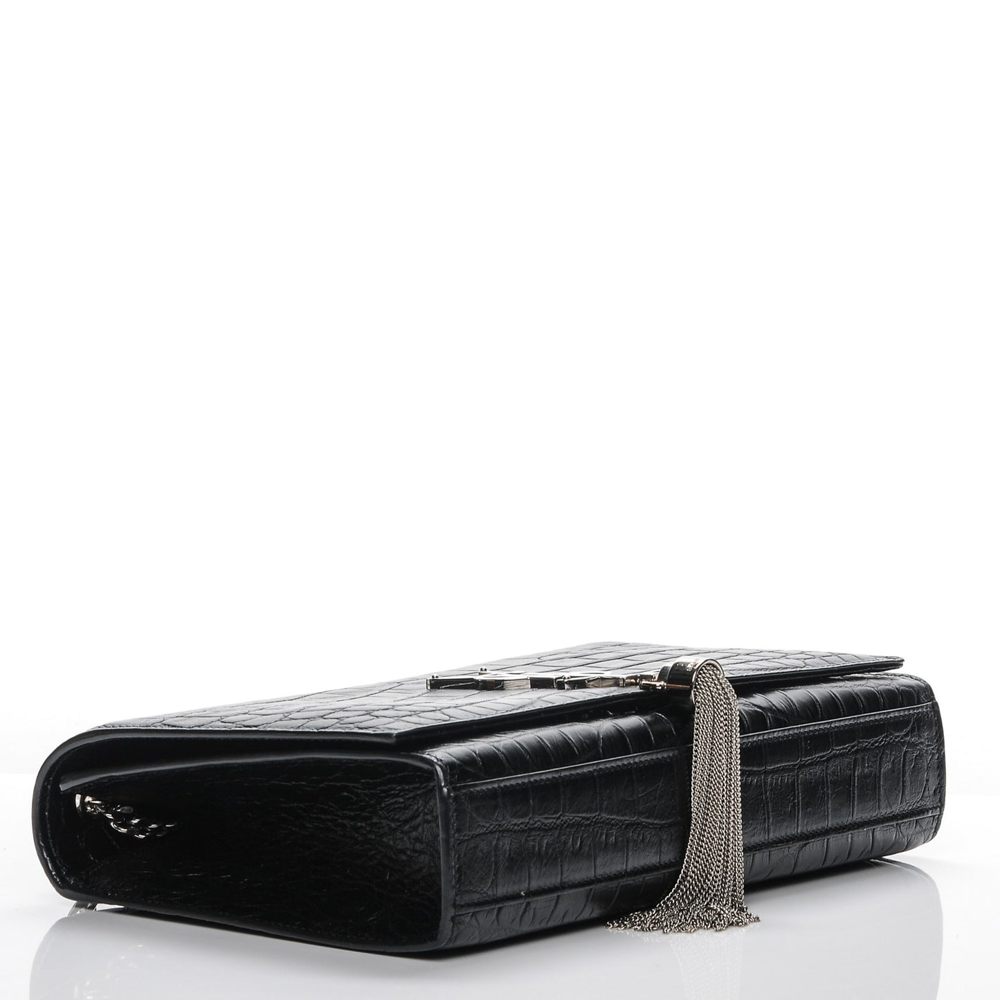 Calfskin Crocodile Embossed Medium Classic Monogram Kate Tassel Satchel Black
