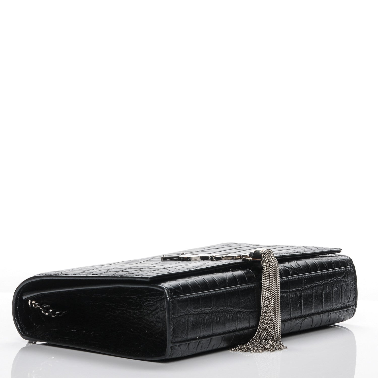 Saint Laurent Calfskin Crocodile Embossed Medium Classic Monogram Kate Tassel Satchel Black 4 of 6