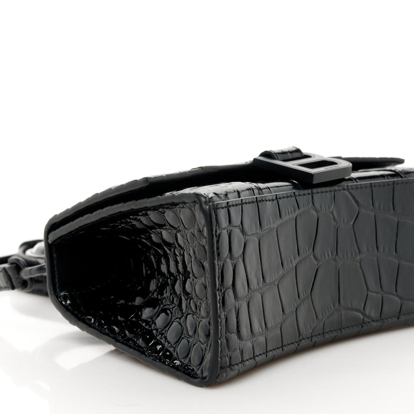 Shiny Calfskin Monochrome Crocodile Embossed Hourglass Top Handle Bag XS Black