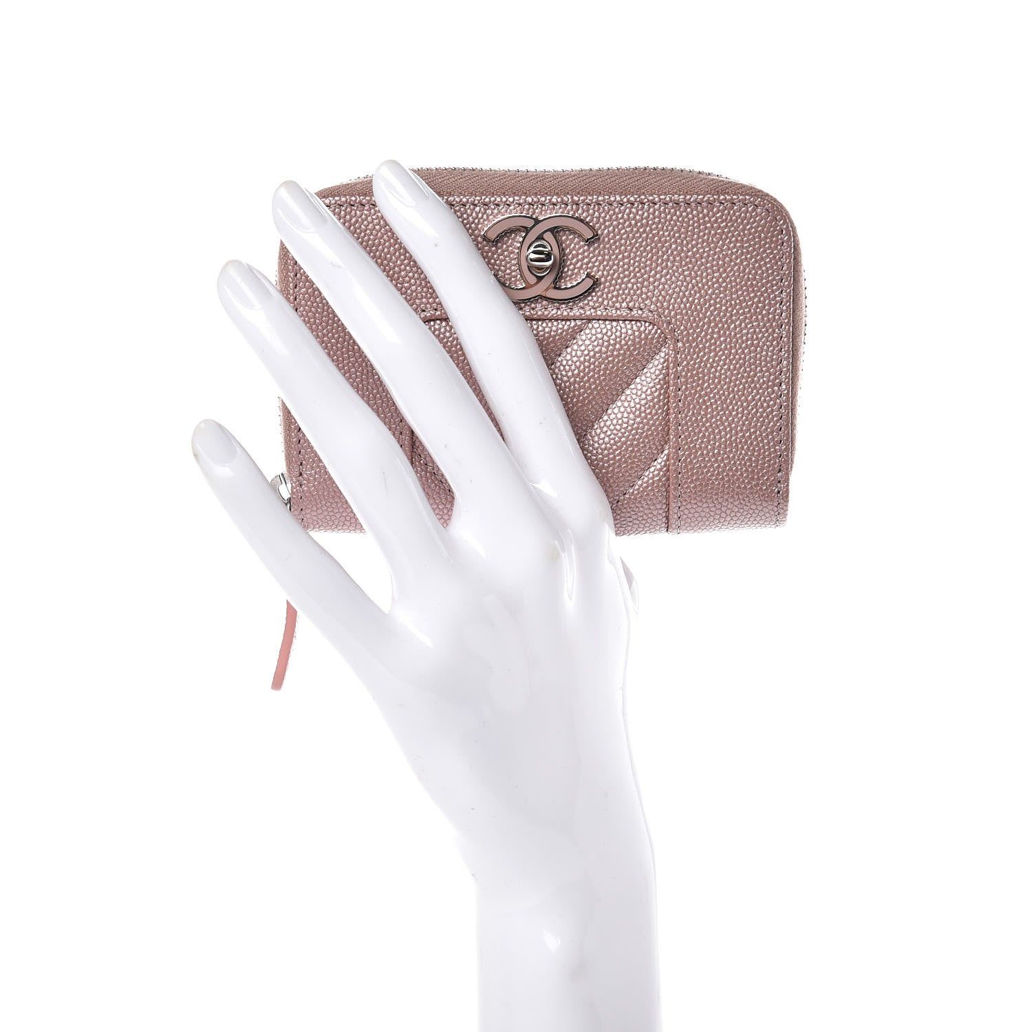 Chanel Metallic Caviar Chevron Quilted Vintage Mademoiselle Zip Coin Purse Pink 2 of 8