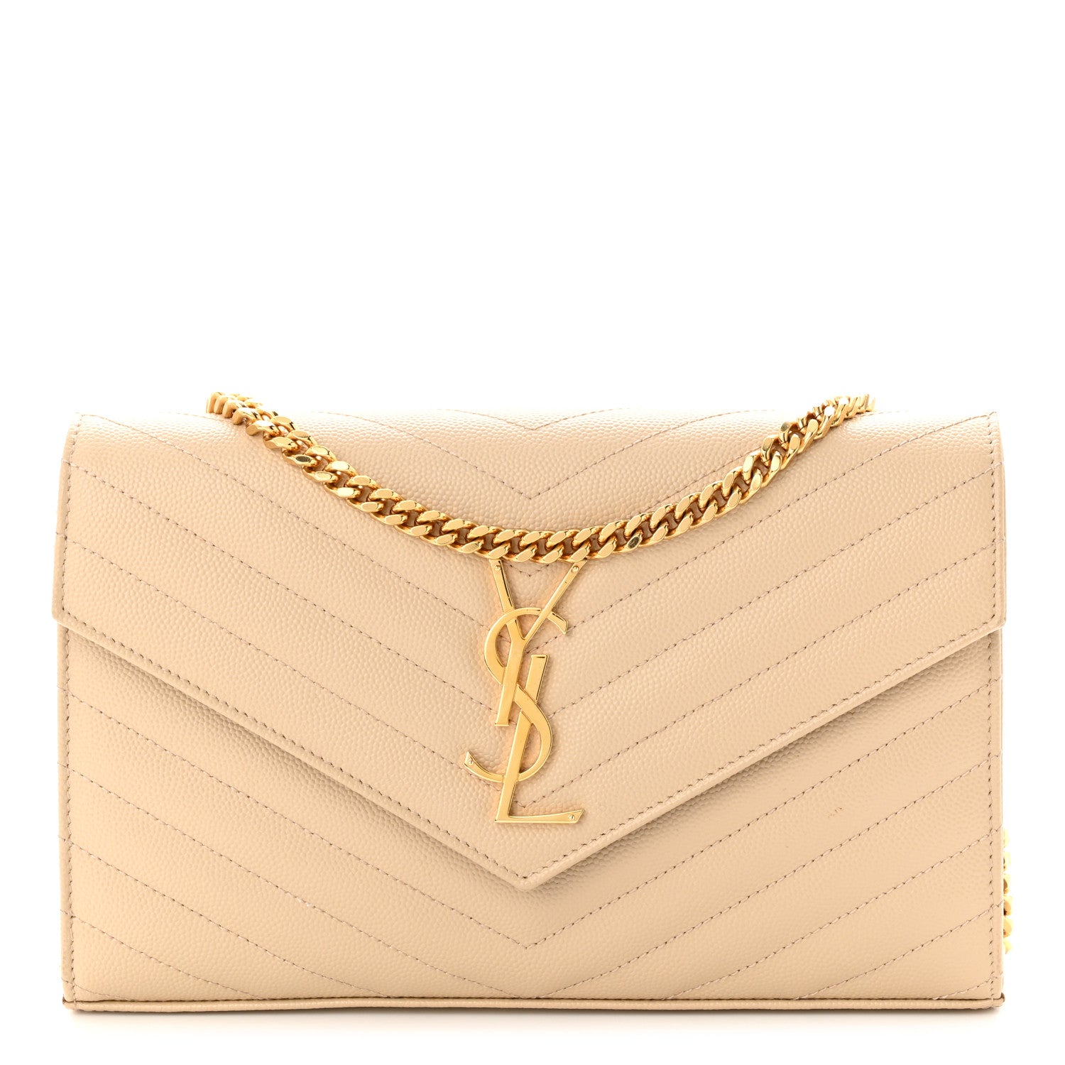 Saint Laurent Grain De Poudre Matelasse Chevron Monogram Chain Wallet Dark Beige 1 of 14