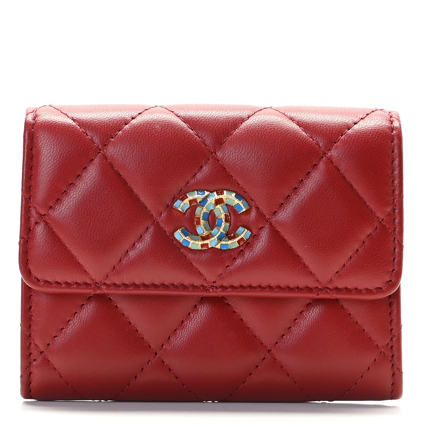 Lambskin Quilted Enamel Flap Card Holder Wallet Red