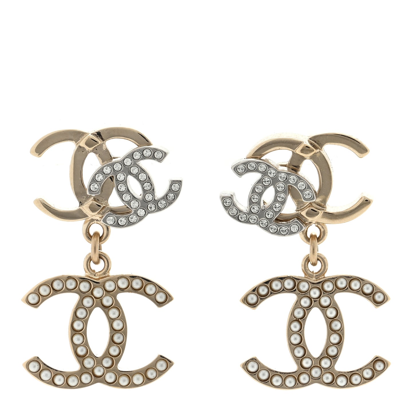 Crystal Pearl Double CC Drop Earrings Gold Silver
