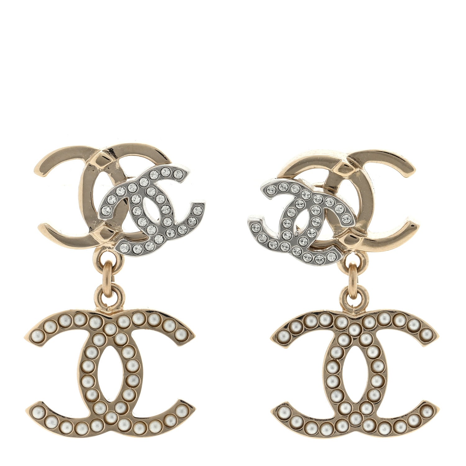Chanel Crystal Pearl Double CC Drop Earrings Gold Silver 1 of 4