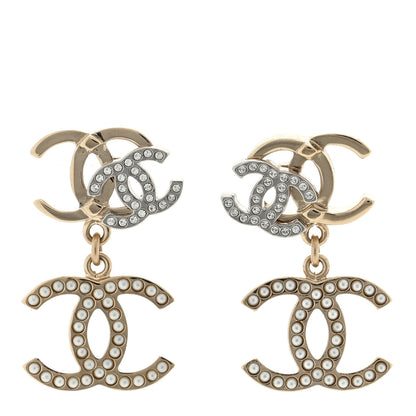 Chanel Crystal Pearl Double CC Drop Earrings Gold Silver 1 of 4