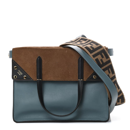 Fendi Vitello Grace Suede Small Flip Tote Azzurro Merlino Marrone Black 1 of 13