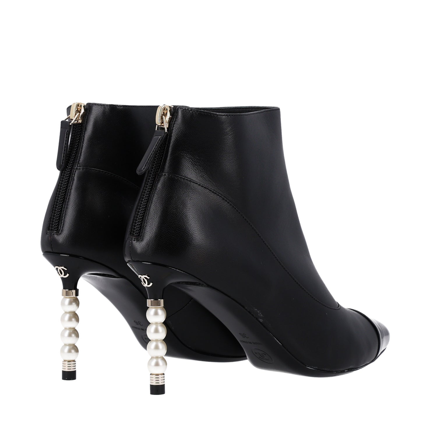Lambskin Patent Calfskin Pearl Cap Toe Short Boots 36 Black