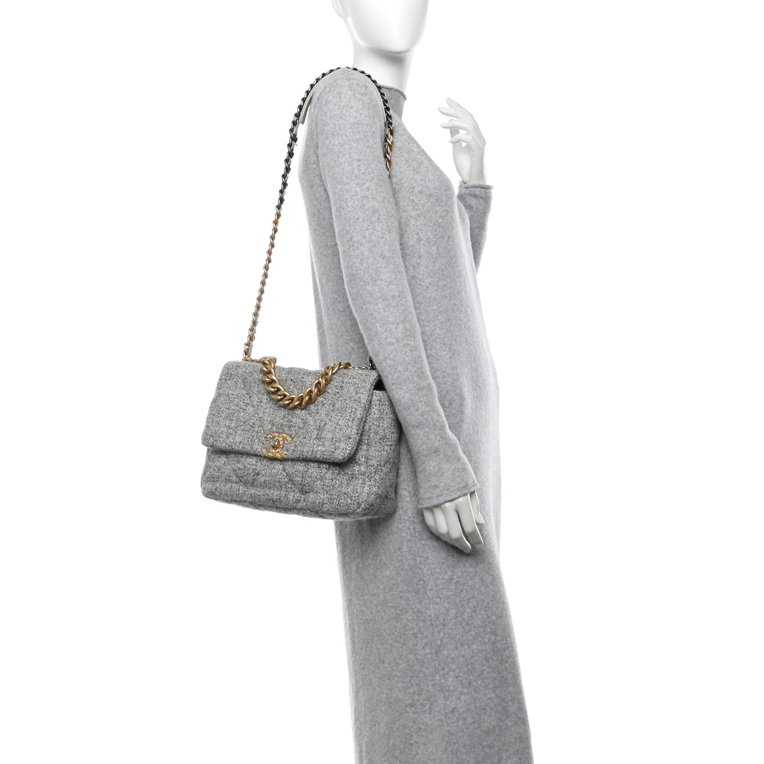 Chanel Tweed Quilted Large Chanel 19 Flap Grey Ecru 2 of 10