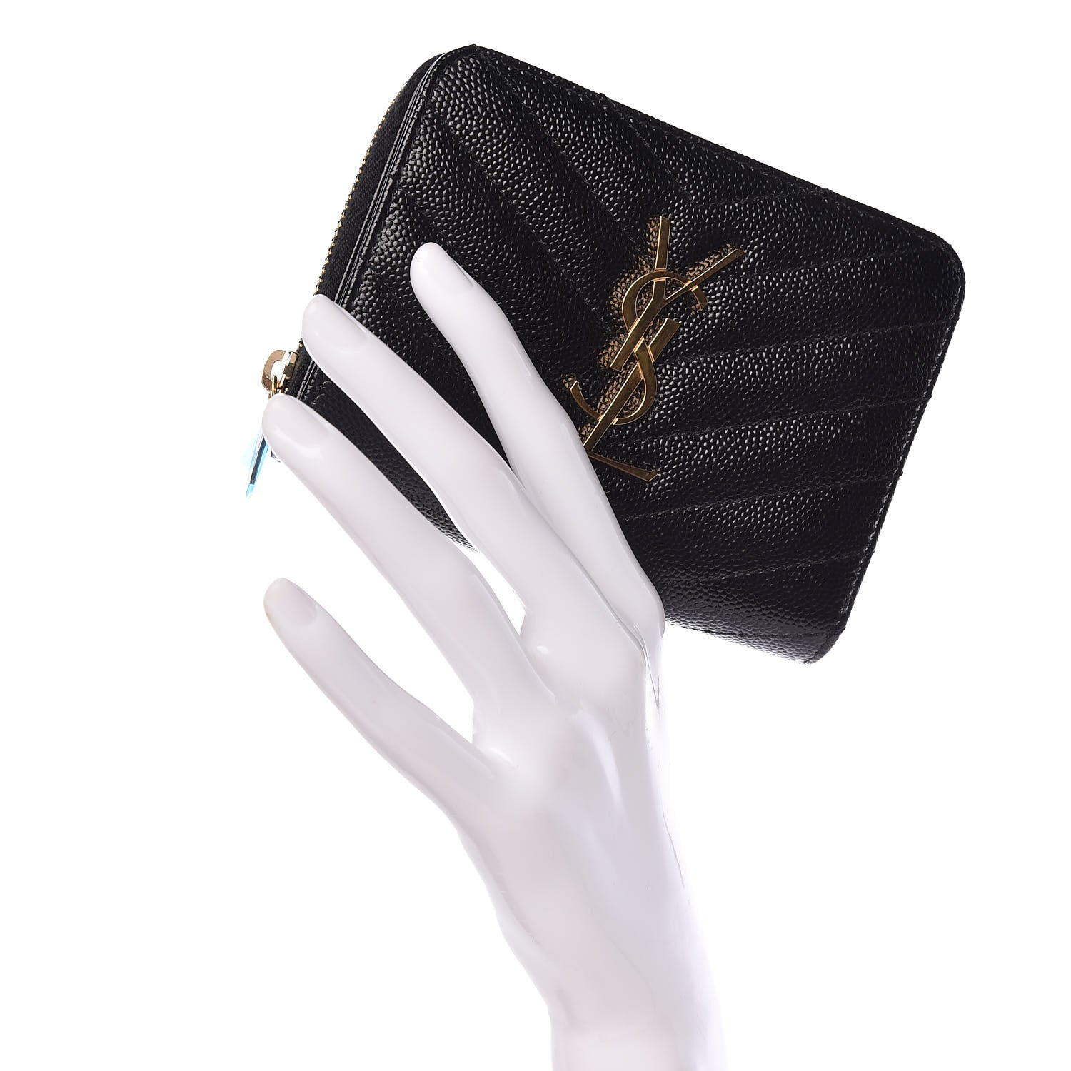 Saint Laurent Grain De Poudre Matelasse Chevron Monogram Compact Zip Around Wallet Black 2 of 8