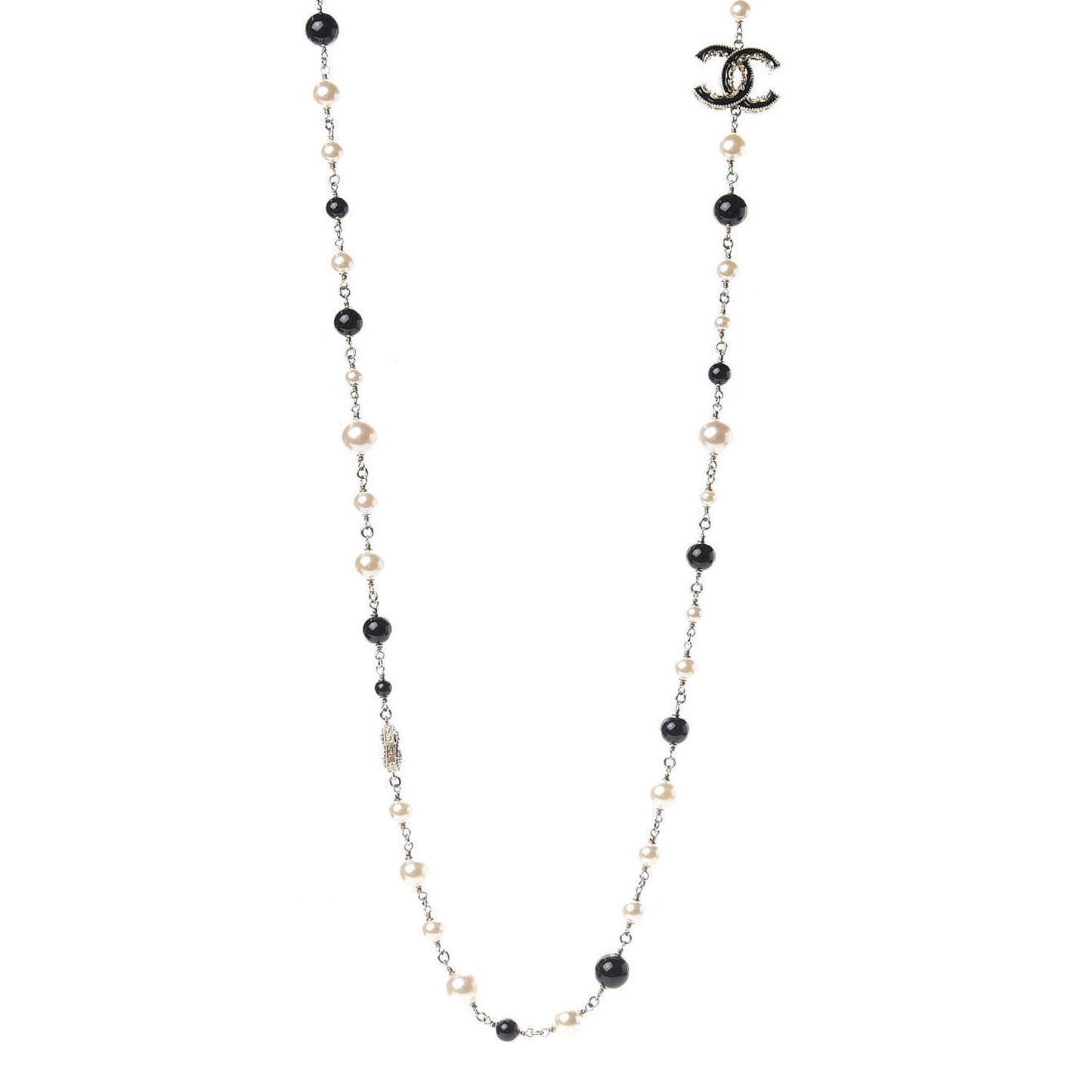 Pearl Beaded Crystal CC Long Necklace Gold Black White