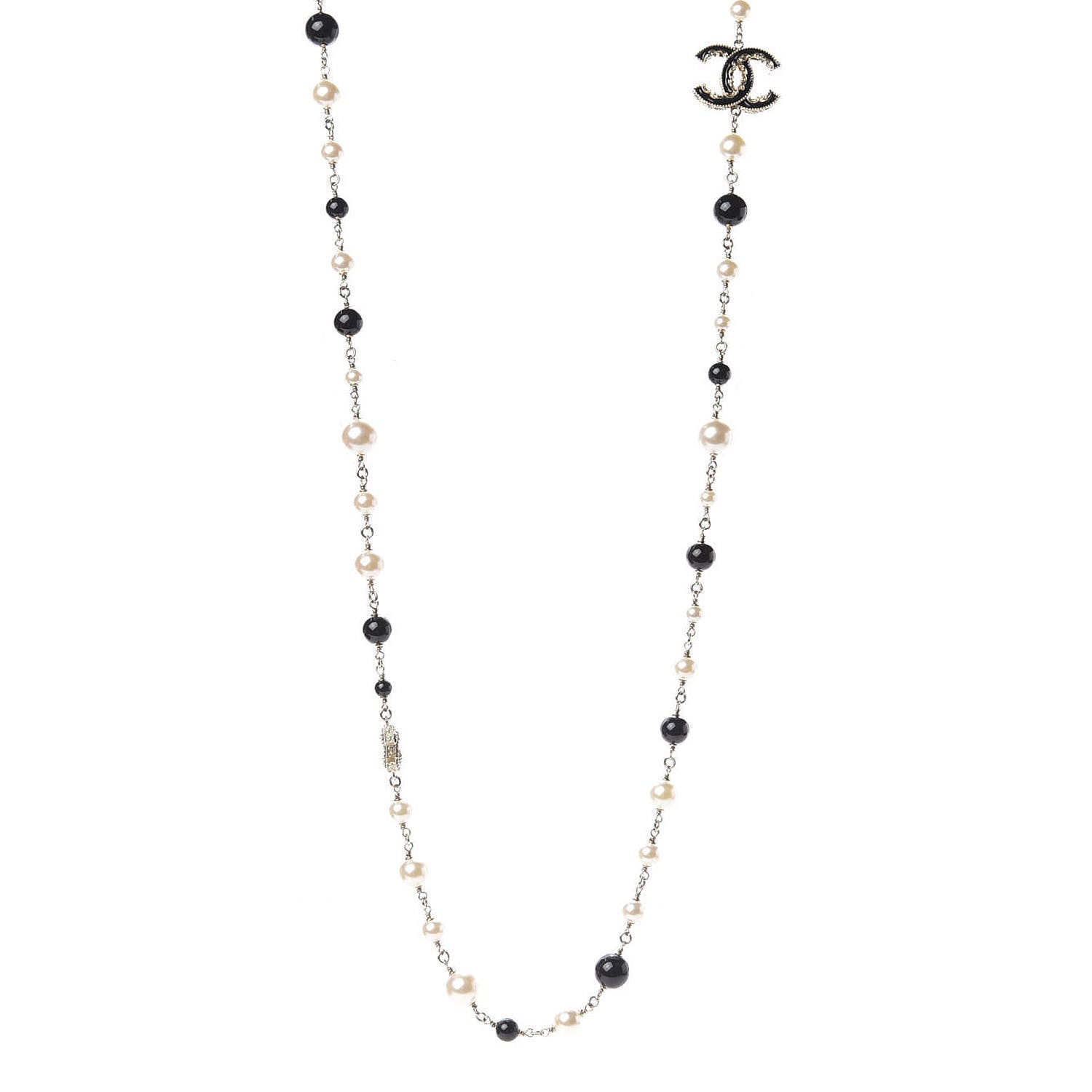 Chanel Pearl Beaded Crystal CC Long Necklace Gold Black White 1 of 4