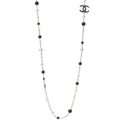 Chanel Pearl Beaded Crystal CC Long Necklace Gold Black White 1 of 4