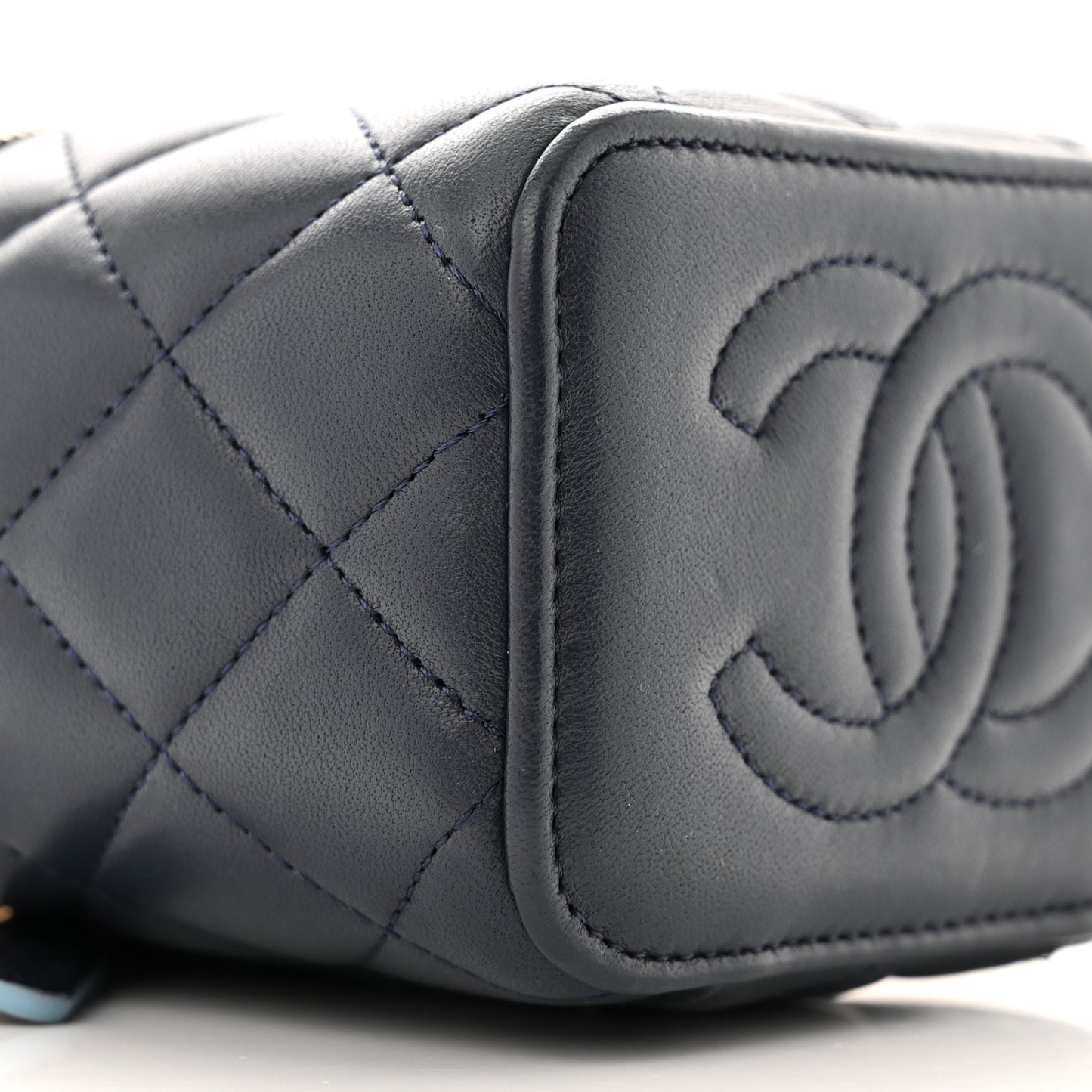 Lambskin Quilted Top Handle Mini Vanity Case With Chain Dark Blue Light Blue