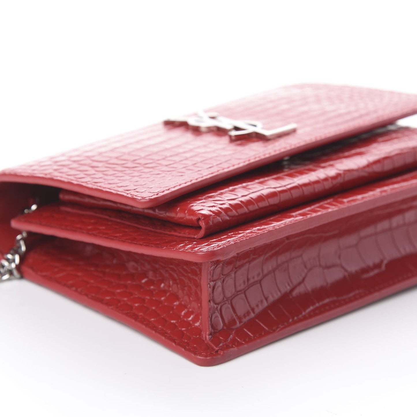 Calfskin Crocodile Embossed Monogram Sunset Top Handle Chain Wallet New Lipstick Red