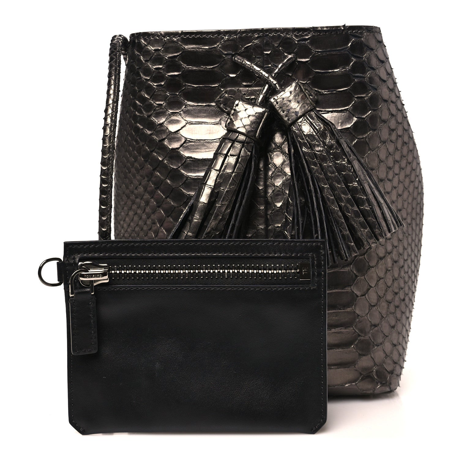 Tom Ford Metallic Snakeskin Small Double Tassel Bucket Bag Silver 3 of 11