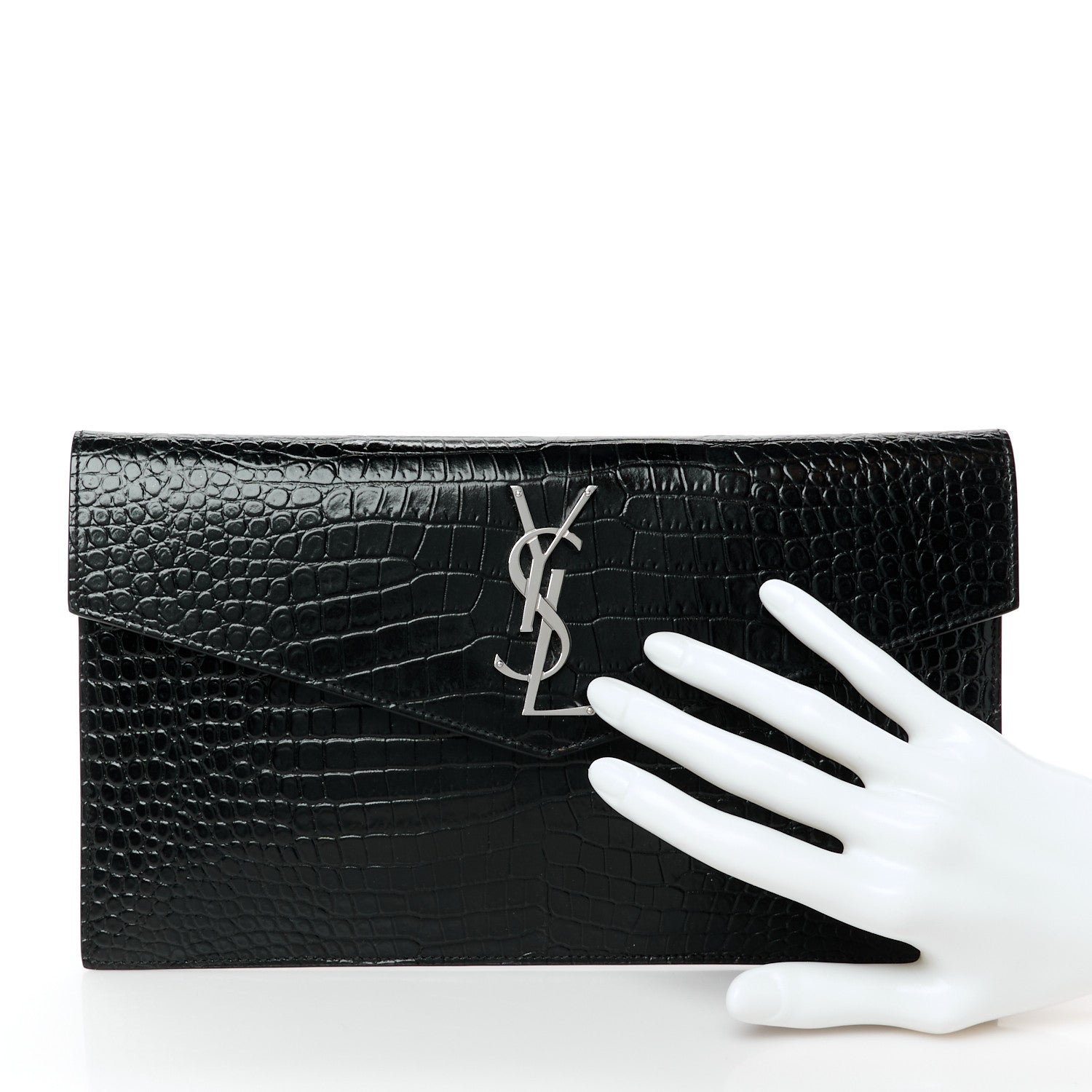 Saint Laurent Calfskin Crocodile Embossed Uptown Monogram Pouch Black 2 of 8