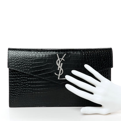 Saint Laurent Calfskin Crocodile Embossed Uptown Monogram Pouch Black 2 of 8