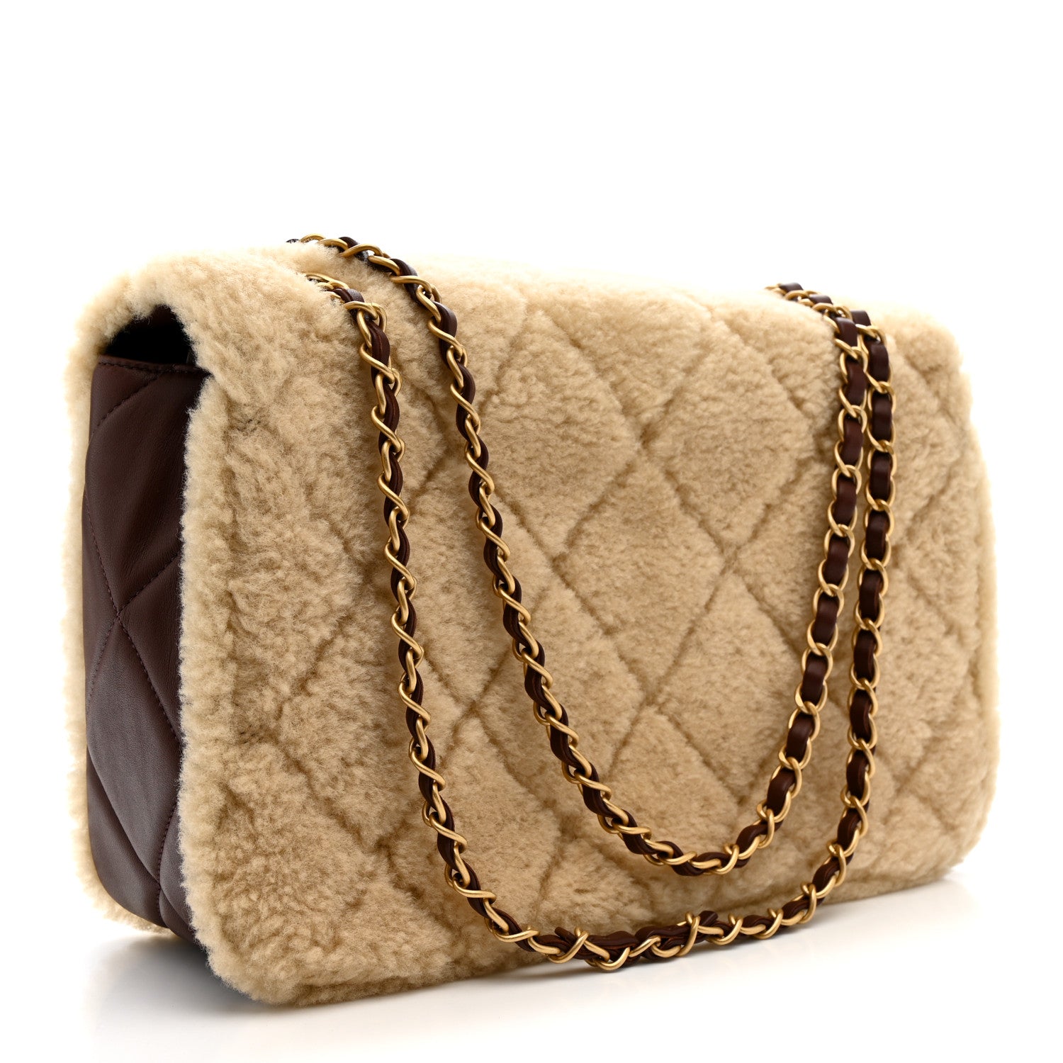 Chanel Shearling Lambskin Quilted Large Furry Coco Flap Beige Dark Brown 3 of 11