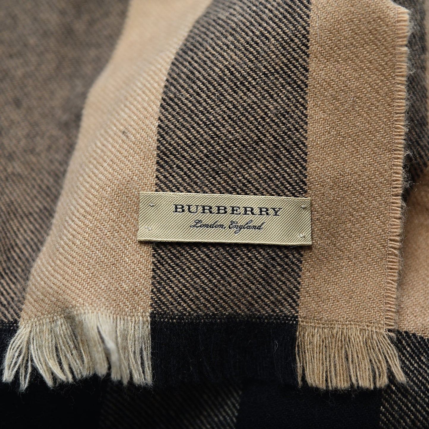 Cashmere Wool Check Amu Lash Fringe Scarf Camel