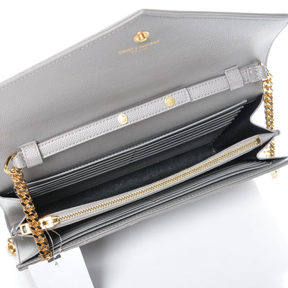 Saint Laurent Grain De Poudre Matelasse Chevron Monogram Chain Wallet Oyster Grey 5 of 7