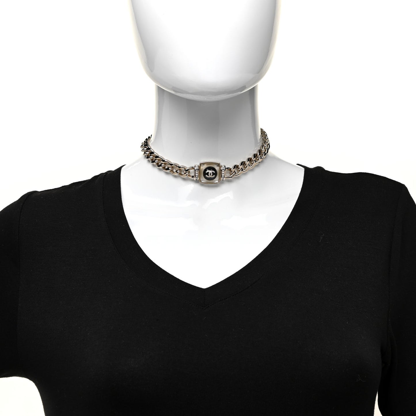 Metal Glass Pearl Strass CC Pendant Necklace Black Gold