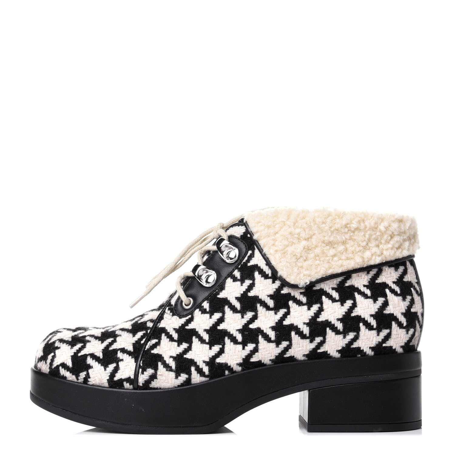 Gucci Optical Tweed Faux Shearling Houndstooth Victor Lace Up Ankle Boots 36 White Black 1 of 5