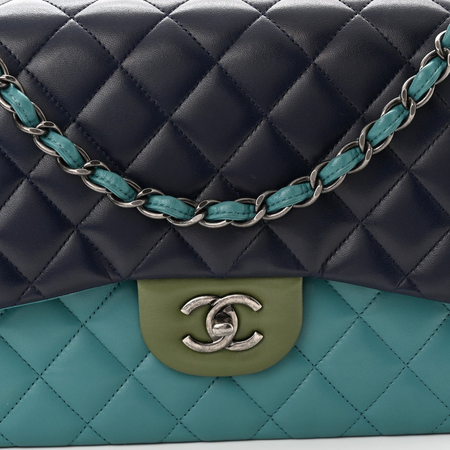 Chanel Lambskin Quilted Tri-Color Jumbo Double Flap Navy Blue Green 8 of 20