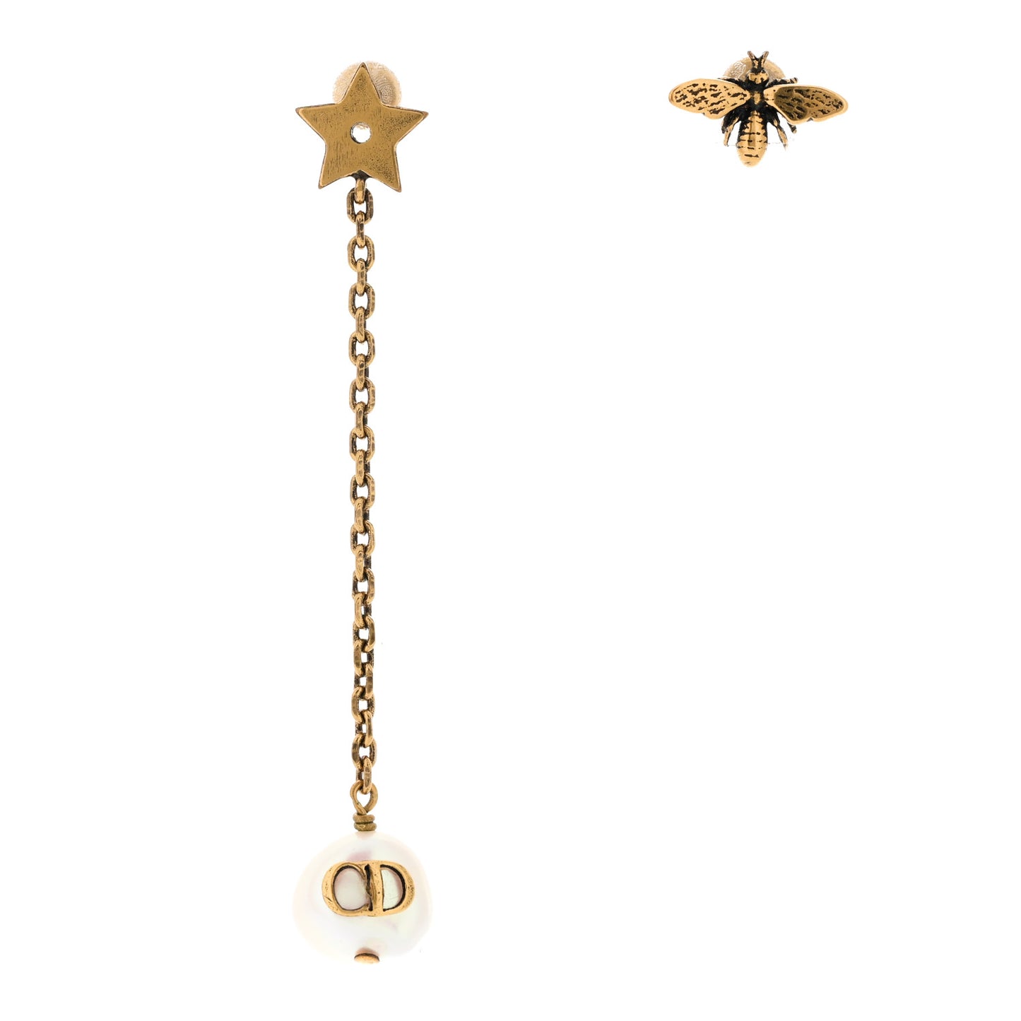 Metal Pearl Bee Star CD Drop Chain Earrings Aged Gold