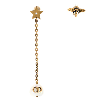 Christian Dior Metal Pearl Bee Star CD Drop Chain Earrings Aged Gold 1 of 5