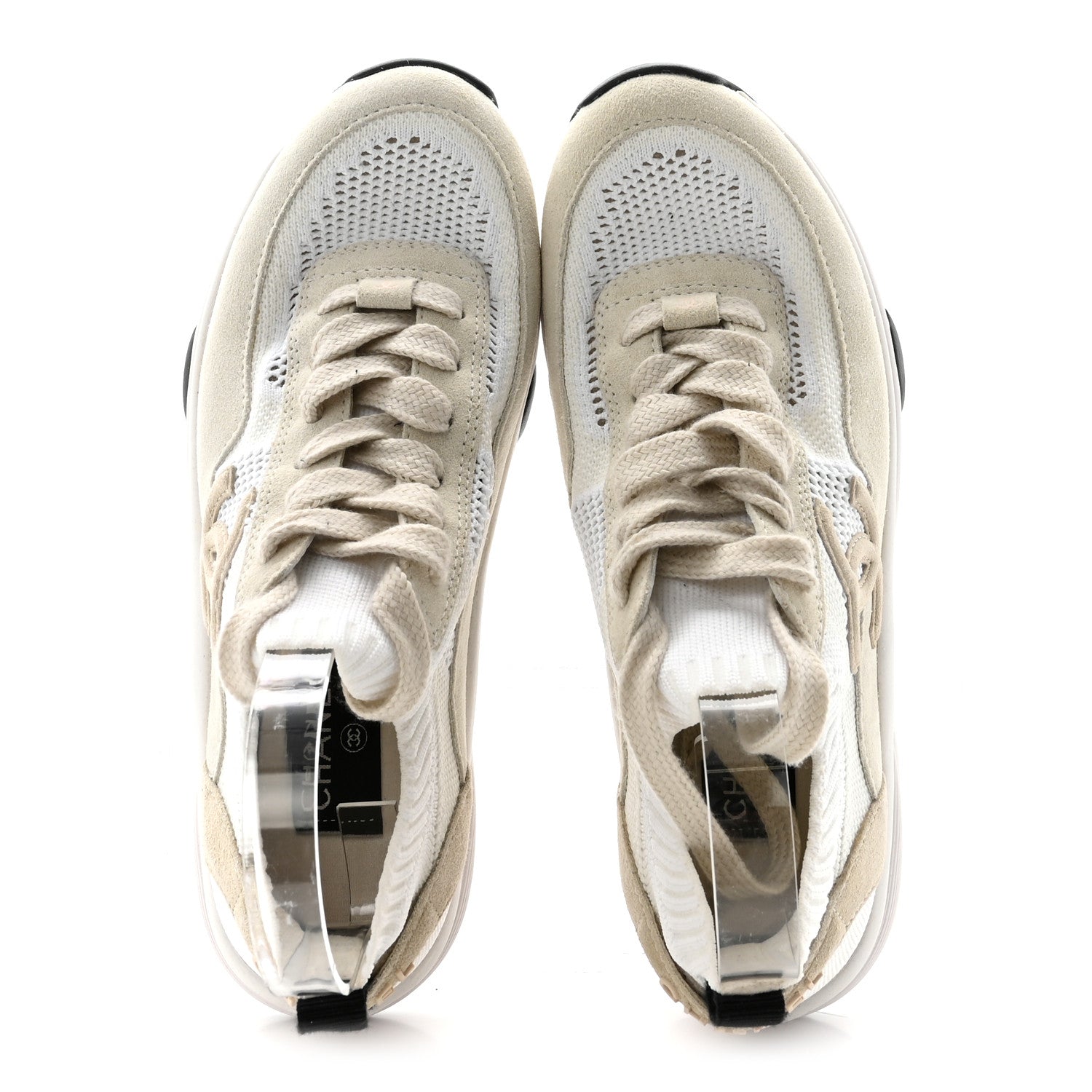 Chanel Mesh Suede Fabric Womens CC Sneakers 38 White Ivory Light Beige 2 of 9