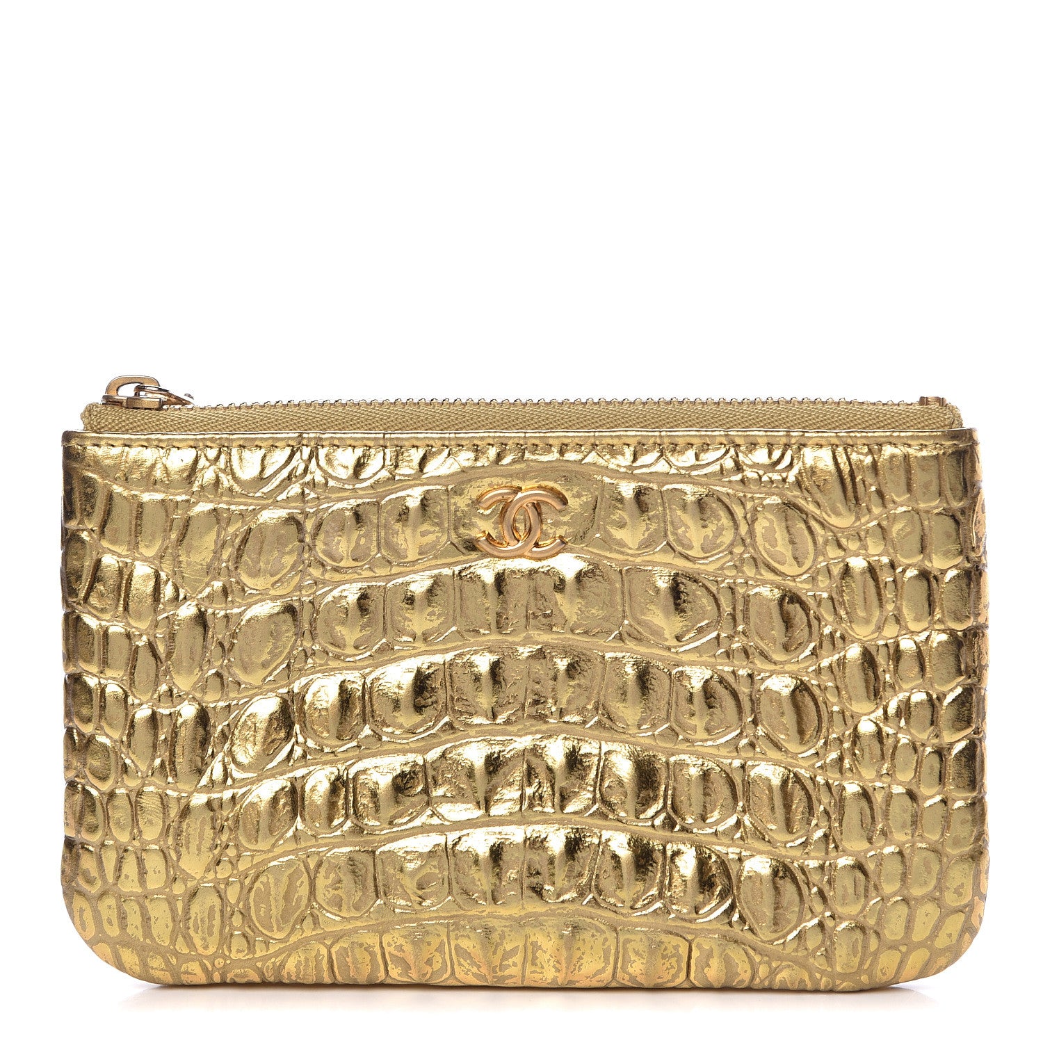 Chanel Metallic Calfskin Crocodile Embossed Cocodile Cosmetic Case Gold 1 of 8