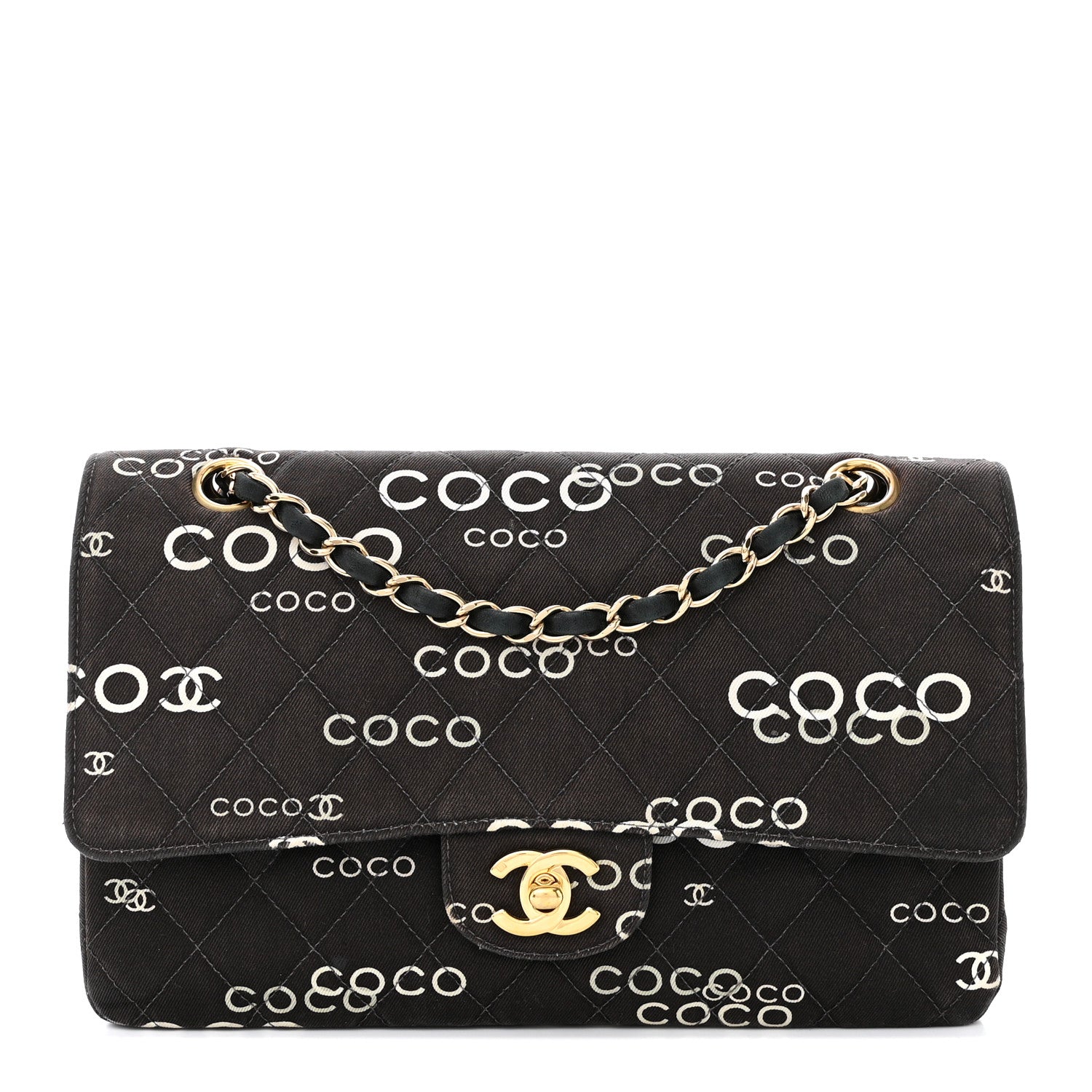 Chanel Canvas Coco Printed Quilted Medium Double Flap Black White 1 of 14