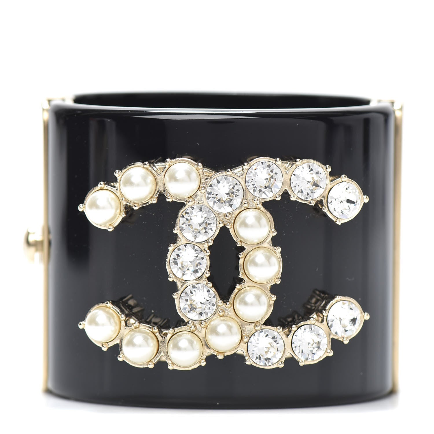 Chanel Resin Crystal Pearl Dazzling Domino CC Cuff Bracelet Black 1 of 4