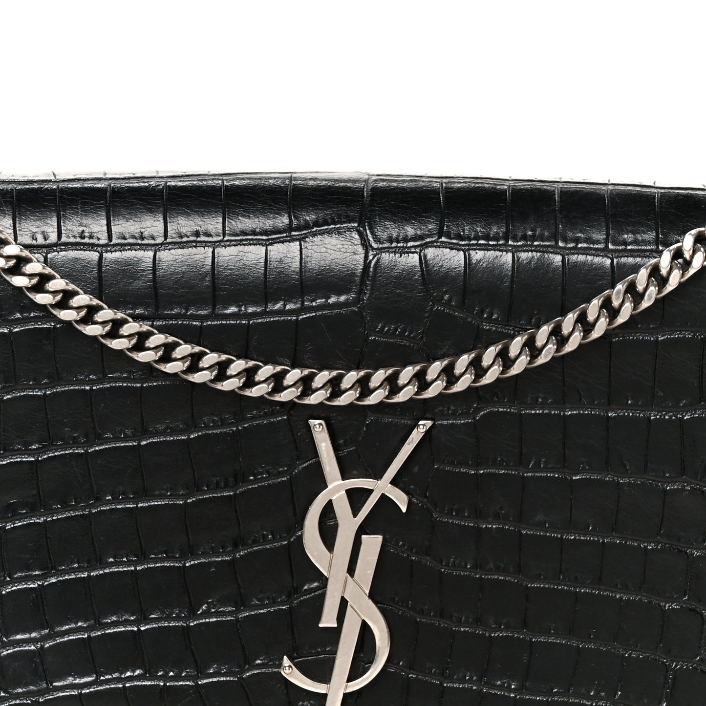 Calfskin Crocodile Embossed Medium Classic Monogram Kate Tassel Satchel Black