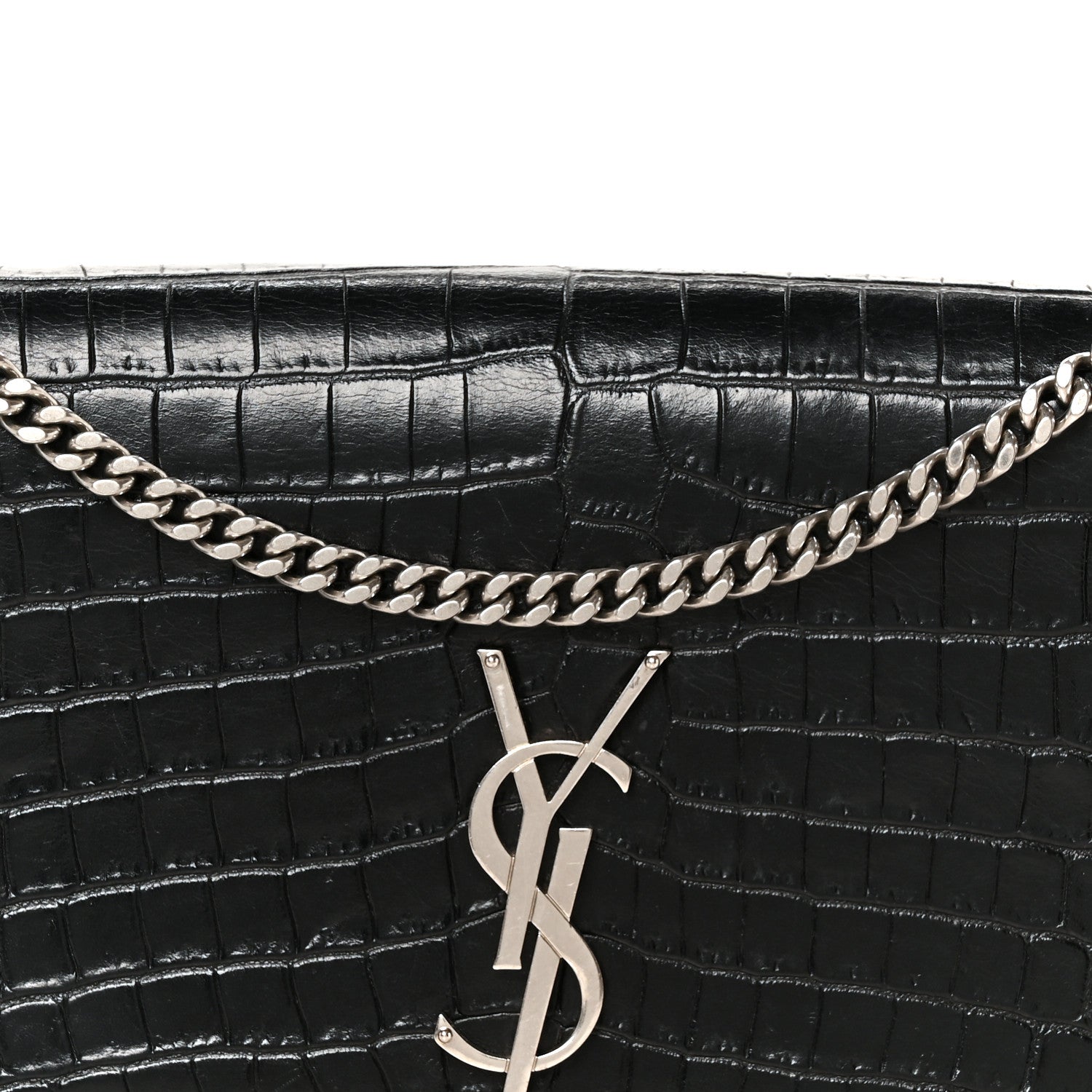 Saint Laurent Calfskin Crocodile Embossed Medium Classic Monogram Kate Tassel Satchel Black 9 of 11