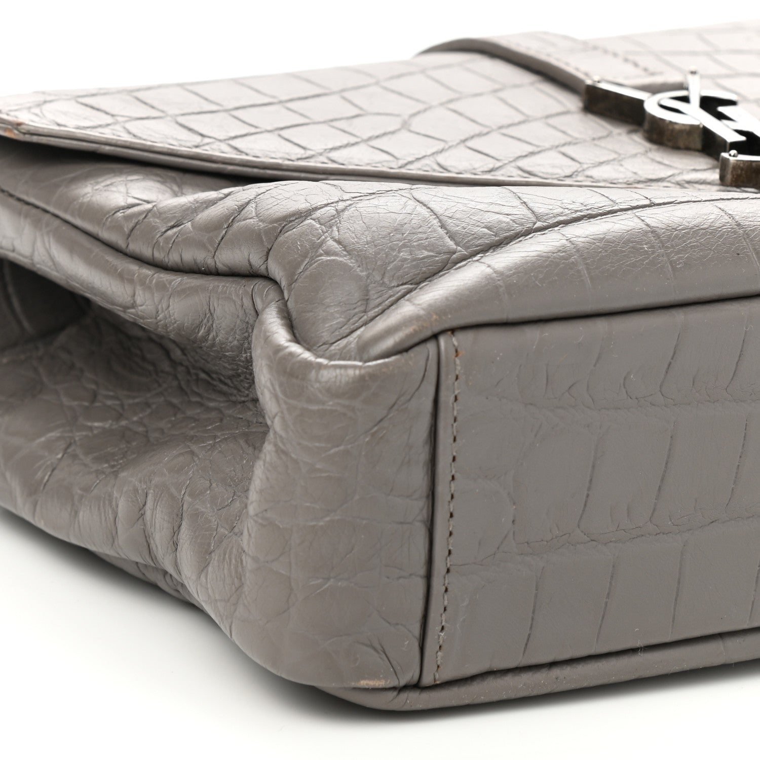 Saint Laurent Calfskin Crocodile Embossed Medium College Monogram Satchel Gray 12 of 13