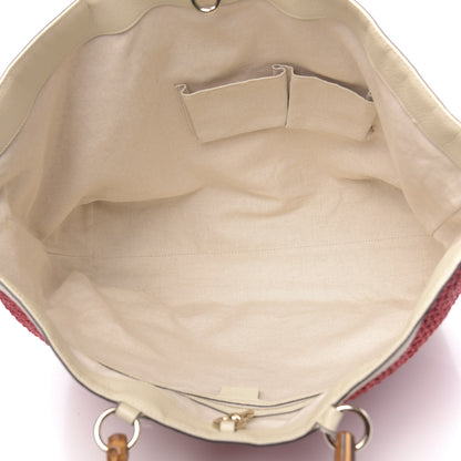 Gucci Straw Calfskin Bamboo Shopper Tote Raspberry 4 of 13