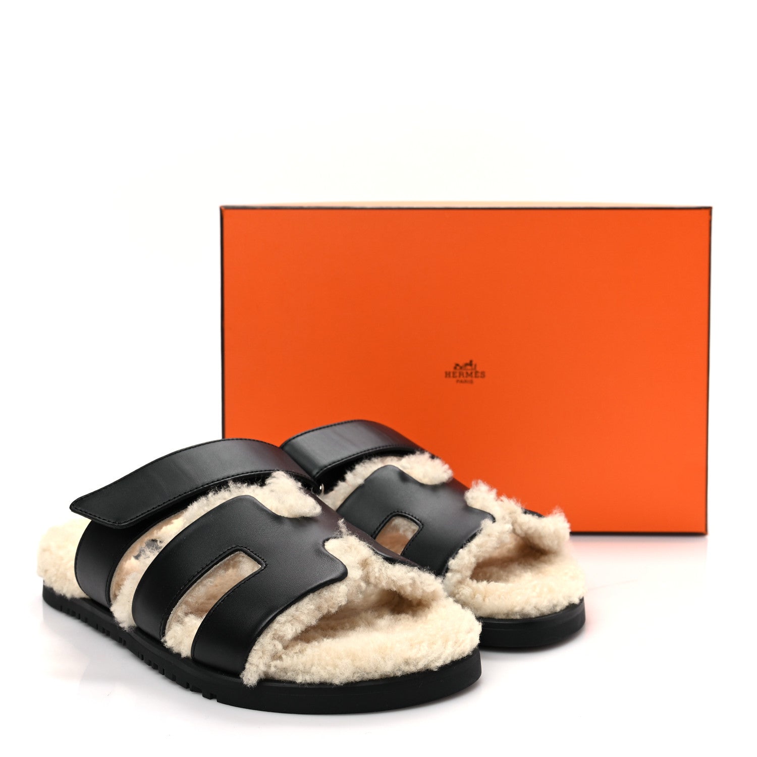 Hermes Calfskin Woolskin Womens Chypre Sandals 37 Black Ecru 8 of 8