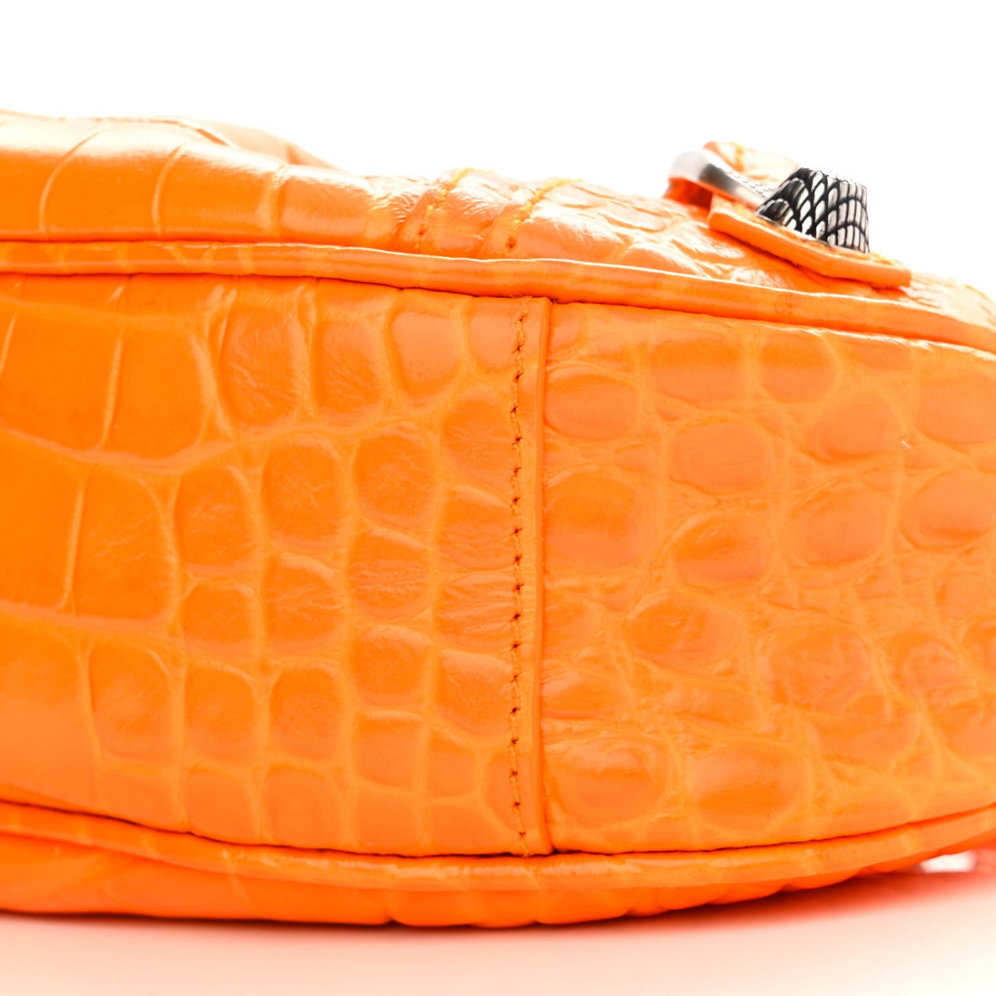 Extra Supple Calfskin Crocodile Embossed Le Cagole Shoulder Bag XS Pop Orange