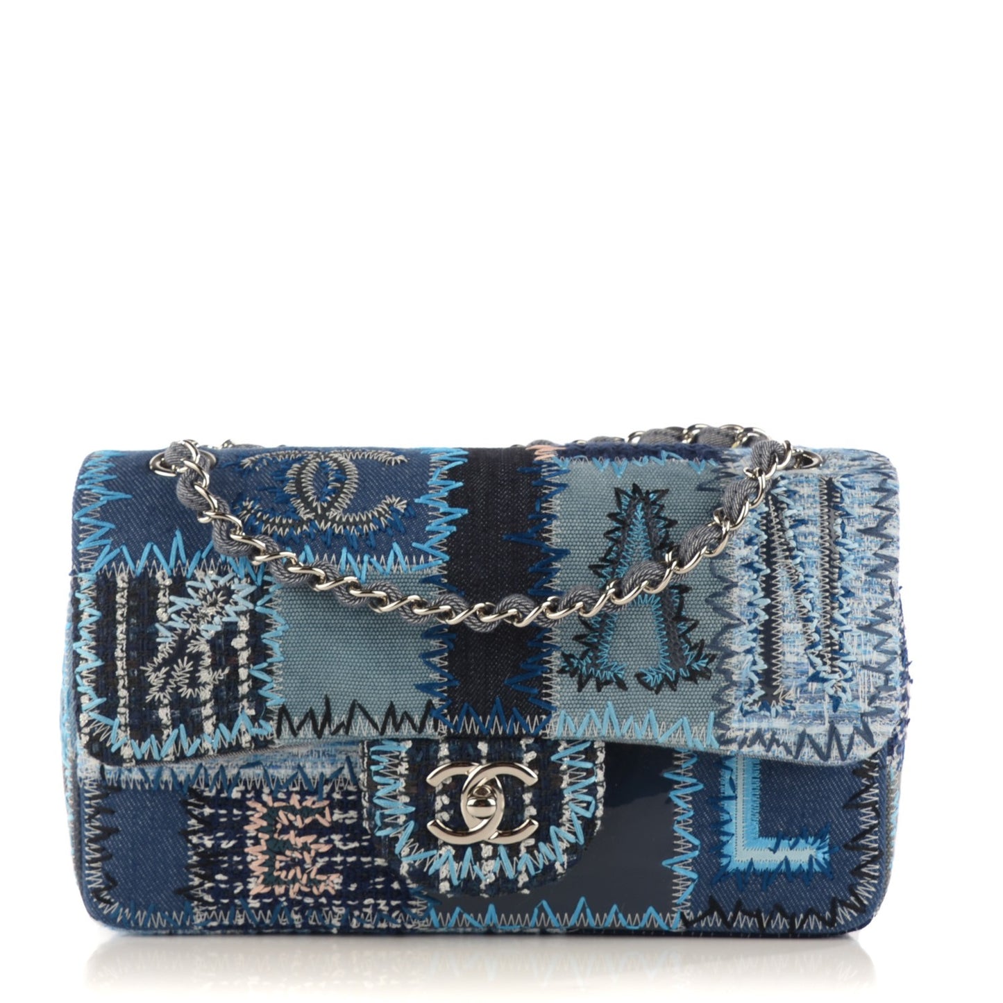 Denim Tweed Patchwork Medium Single Flap Blue