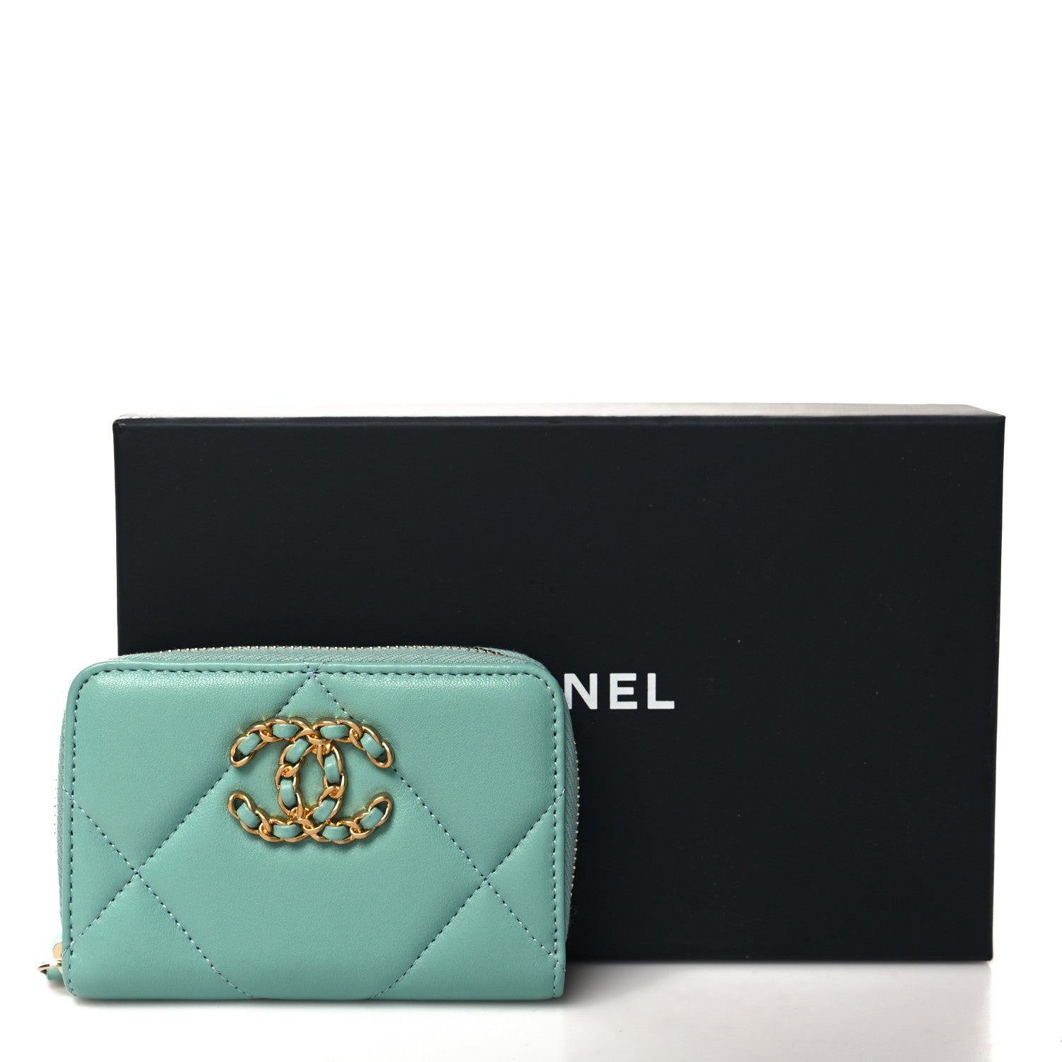 Chanel Lambskin Quilted Chanel 19 Zip Around Coin Purse Wallet Light Green 8 of 8